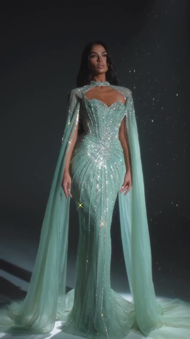 Shimmering Beaded Evening Dress with Cape Train SS156