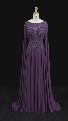 Elegant Beaded Cape Sleeve Chiffon A-Line Evening Dress SS105