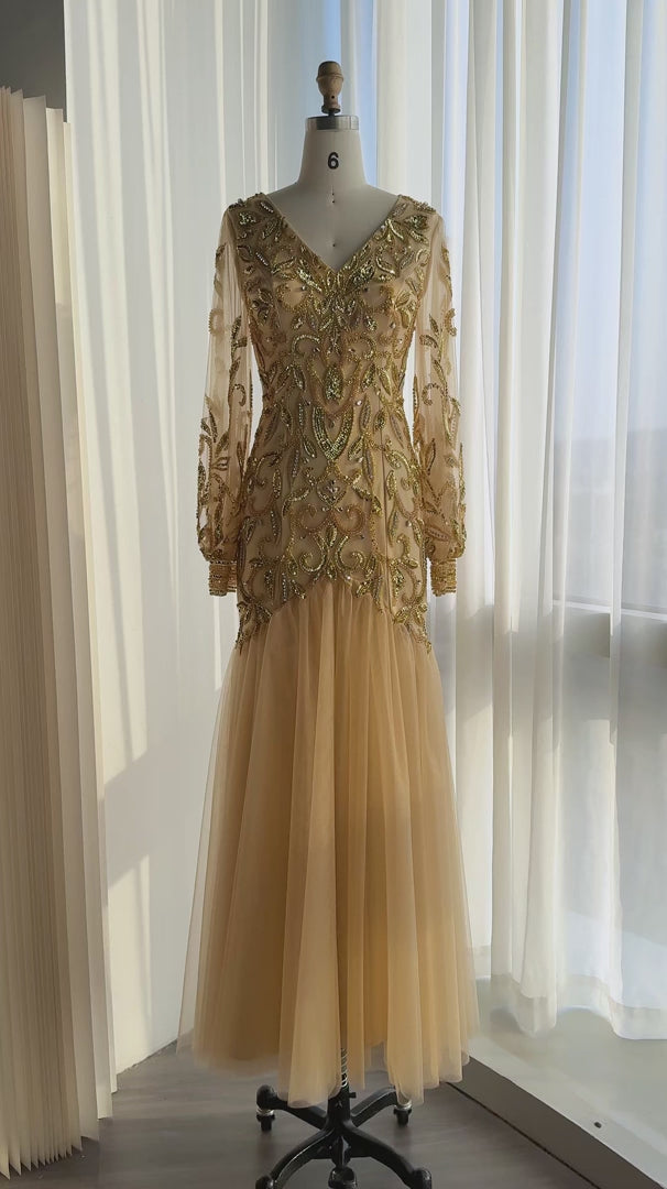 Luxury Gold Beaded Evening Dress with V Neck and Sheer Long Sleeves XD080