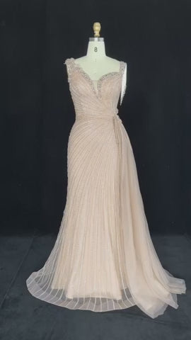 ‌ Luxury Intricately Beaded Fringe-Shoulder Fitted Evening Gown SS103
