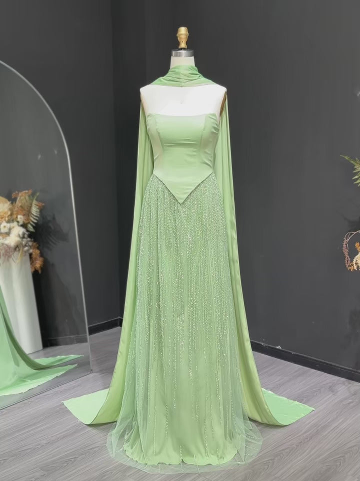 Luxury Sage Green with Scarf ALine Evening Dress SS639