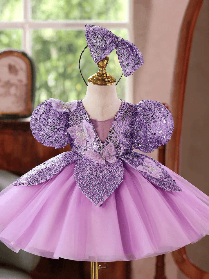 Luxury Purple Sequin Flower Girl Dress with Puff Sleeves Butterfly Details J881