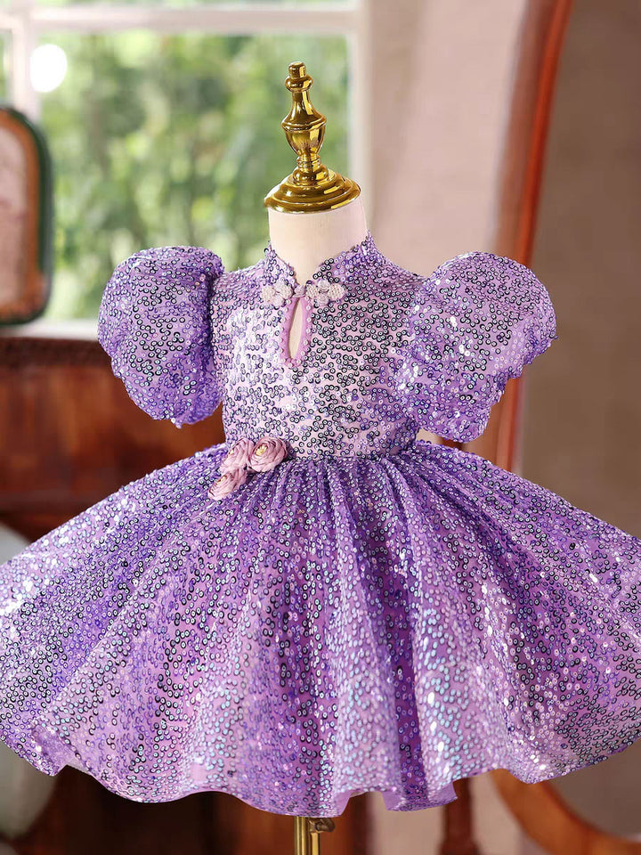 Sparkly Purple Sequin Girls Party Puff Sleeve Princess Dress for Birthday D244