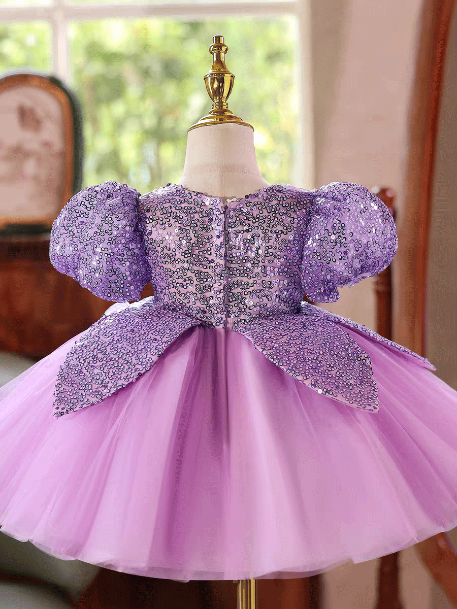 Luxury Purple Sequin Flower Girl Dress with Puff Sleeves Butterfly Details J881