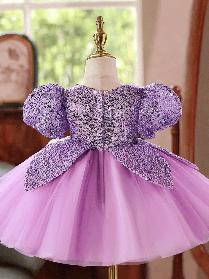 Luxury Purple Sequin Flower Girl Dress with Puff Sleeves Butterfly Details J881