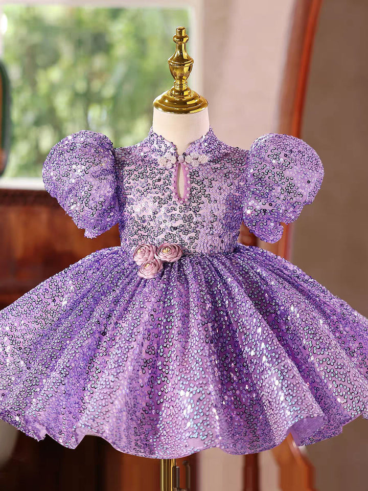 Sparkly Purple Sequin Girls Party Puff Sleeve Princess Dress for Birthday D244