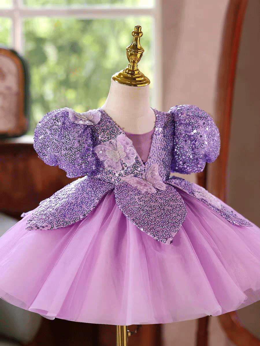 Luxury Purple Sequin Flower Girl Dress with Puff Sleeves Butterfly Details J881