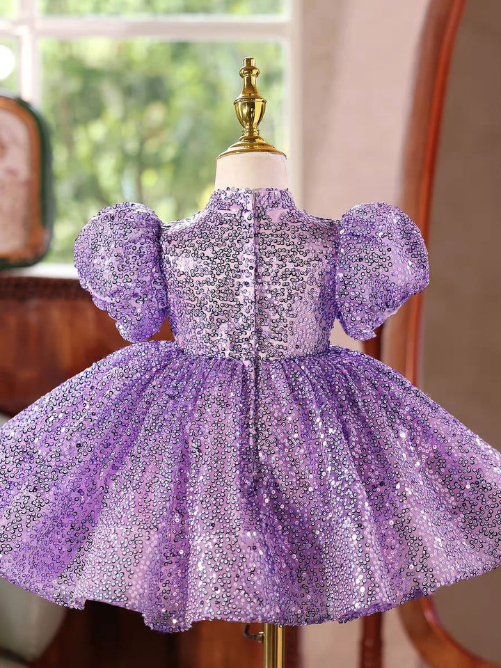 Sparkly Purple Sequin Girls Party Puff Sleeve Princess Dress for Birthday D244