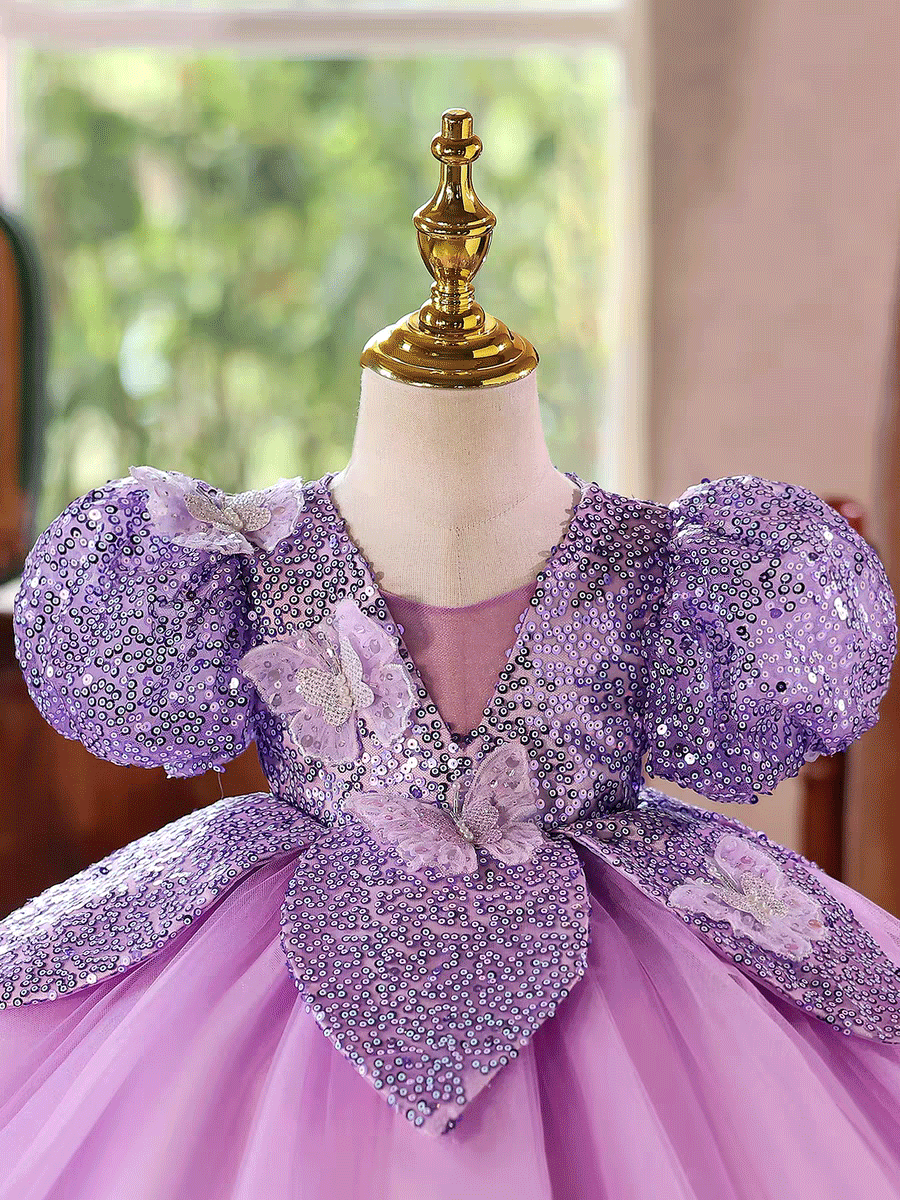 Luxury Purple Sequin Flower Girl Dress with Puff Sleeves Butterfly Details J881