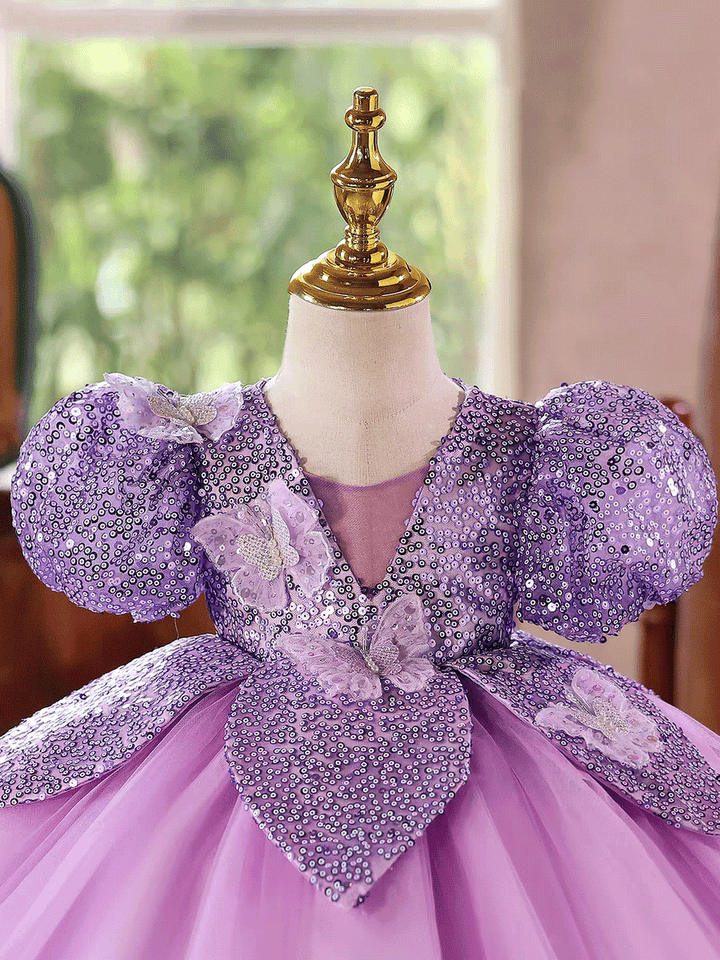Luxury Purple Sequin Flower Girl Dress with Puff Sleeves Butterfly Details J881