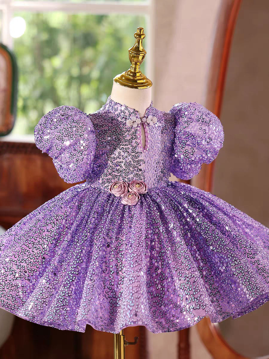 Sparkly Purple Sequin Girls Party Puff Sleeve Princess Dress for Birthday D244