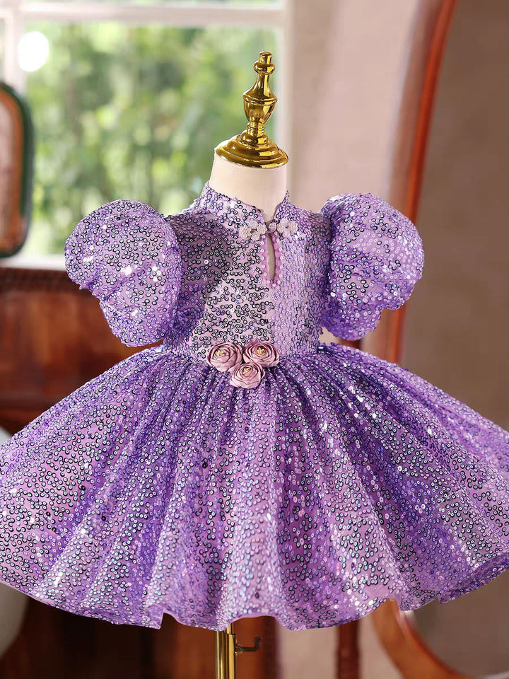 Sparkly Purple Sequin Girls Party Puff Sleeve Princess Dress for Birthday D244