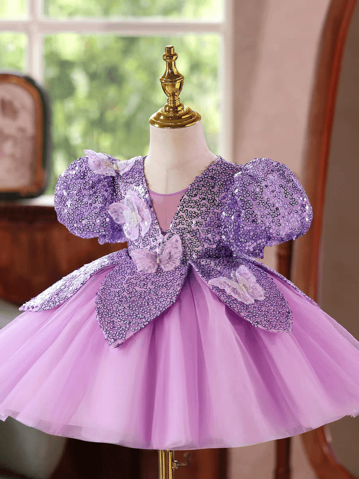 Luxury Purple Sequin Flower Girl Dress with Puff Sleeves Butterfly Details J881