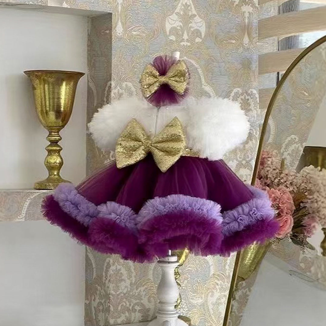 Elegant Purple and White Flower Girl Dress with Sequined Bow D172