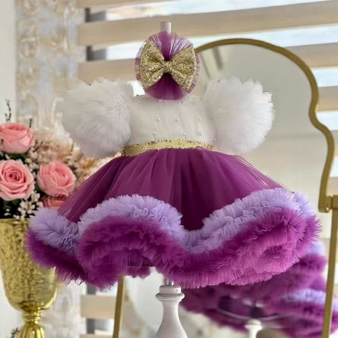 white flower girl dress with purple bow Sunny Fashion Girls Dress Purple Rose Flower Double Bow Tie Party Kids Sundress 4-5
