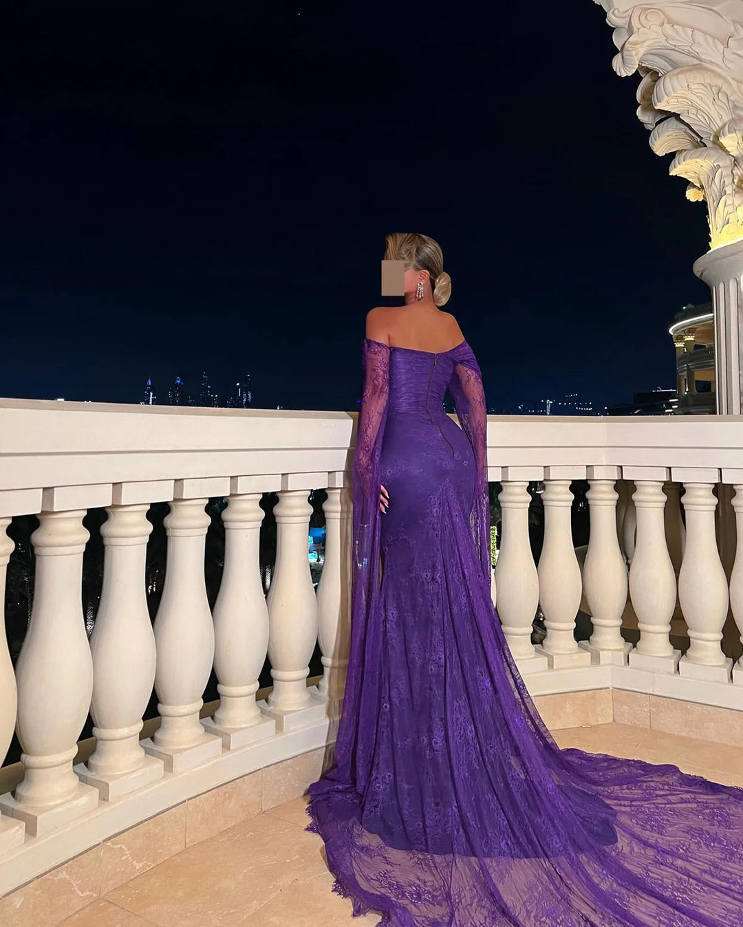Purple Lace Mermaid Evening Dress with Cape Sleeves SF055 Purple / 12 Purple Lace Mermaid Evening Dress with Cape Sleeves SF055 Purple / 12