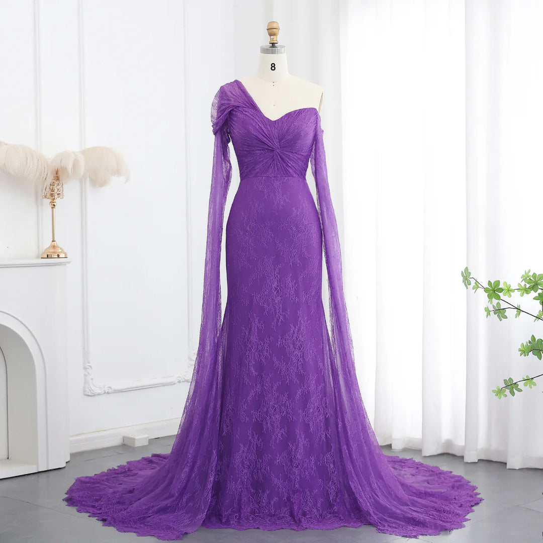 Purple Lace Mermaid Evening Dress with Cape Sleeves SF055 DreamyVow Purple Lace Mermaid Evening Dress with Cape Sleeves SF055 DreamyVow