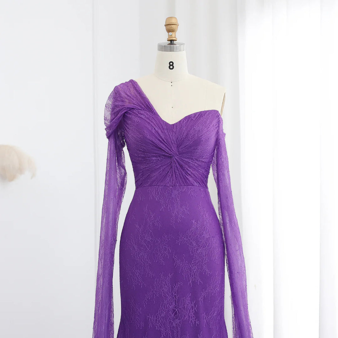 Purple Lace Mermaid Evening Dress with Cape Sleeves SF055 Purple / 6 Purple Lace Mermaid Evening Dress with Cape Sleeves SF055 Purple / 6