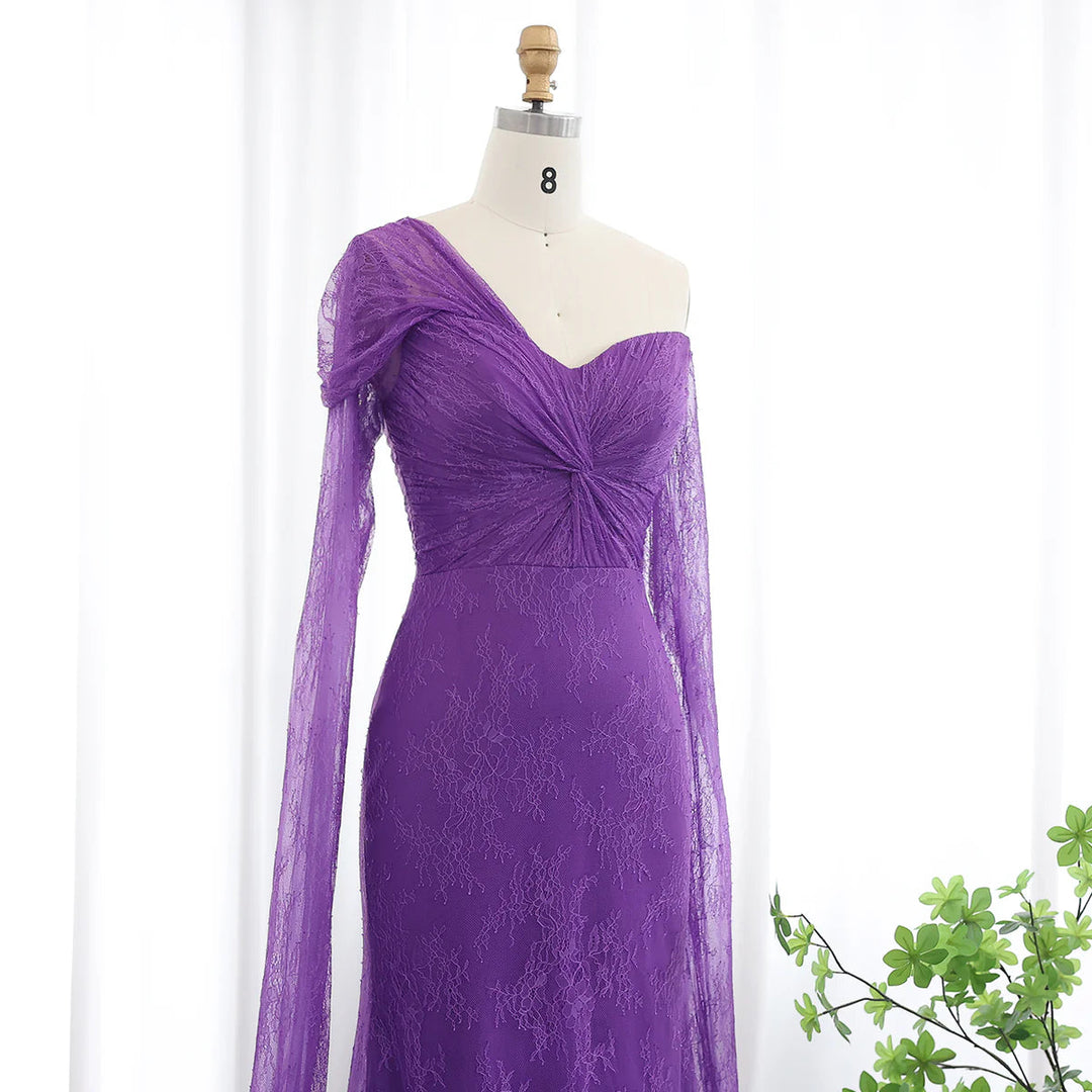 Purple Lace Mermaid Evening Dress with Cape Sleeves SF055 DreamyVow Purple Lace Mermaid Evening Dress with Cape Sleeves SF055 DreamyVow