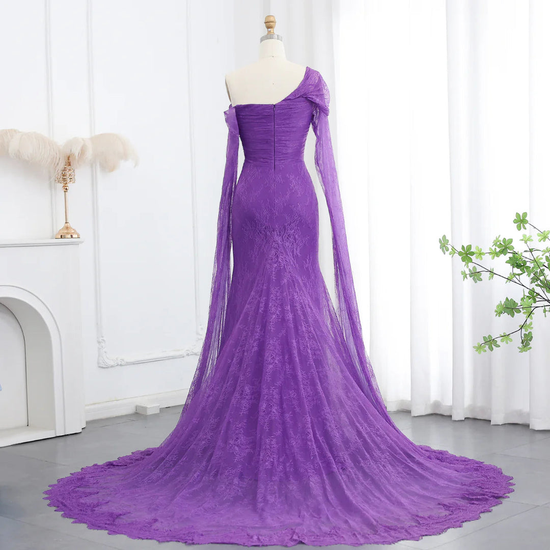 Purple Lace Mermaid Evening Dress with Cape Sleeves SF055 DreamyVow Purple Lace Mermaid Evening Dress with Cape Sleeves SF055 DreamyVow