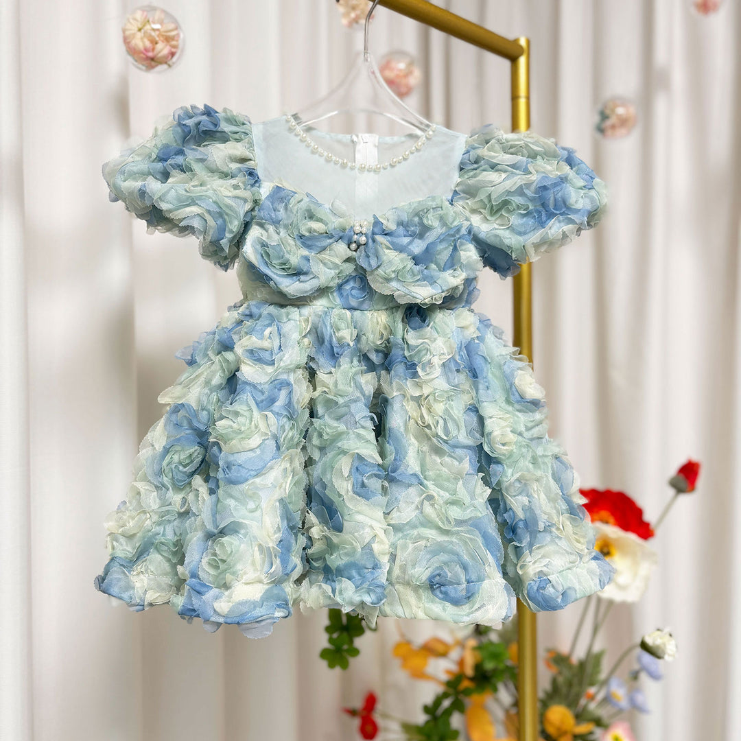Blue Flower Girl Dress Kid Toddler Birthday Princess Gown J744