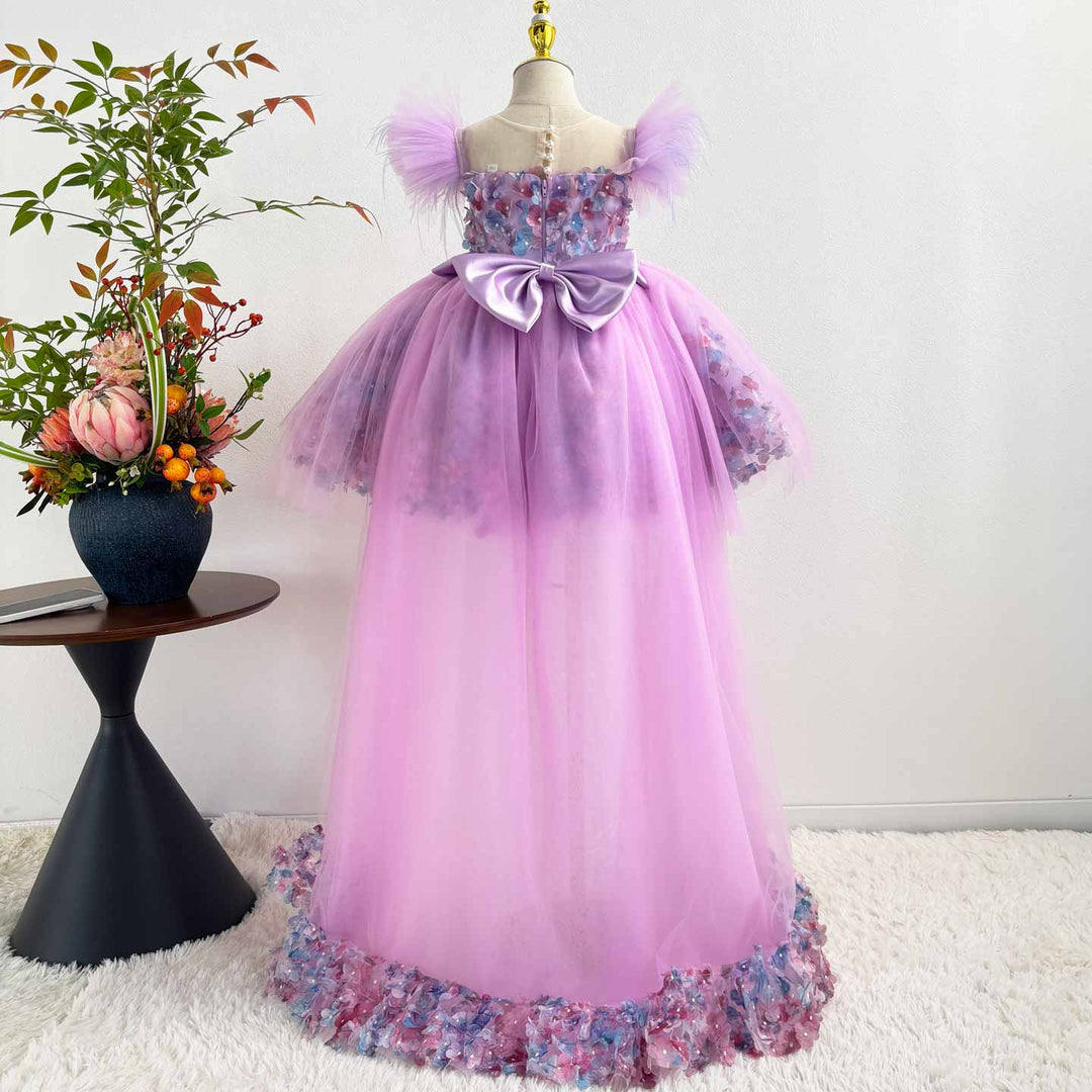 Luxury Purple Flower Girl Dress with Feather Sleeves Girls High Low Floral Tulle Pageant Party Gown D282