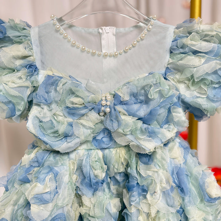 Blue Flower Girl Dress Kid Toddler Birthday Princess Gown J744