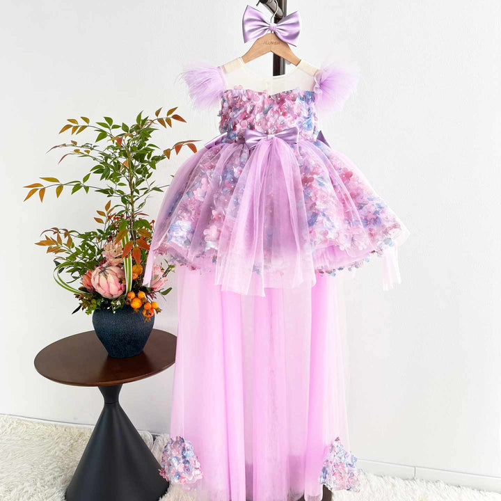 Luxury Purple Flower Girl Dress with Feather Sleeves Girls High Low Floral Tulle Pageant Party Gown D282