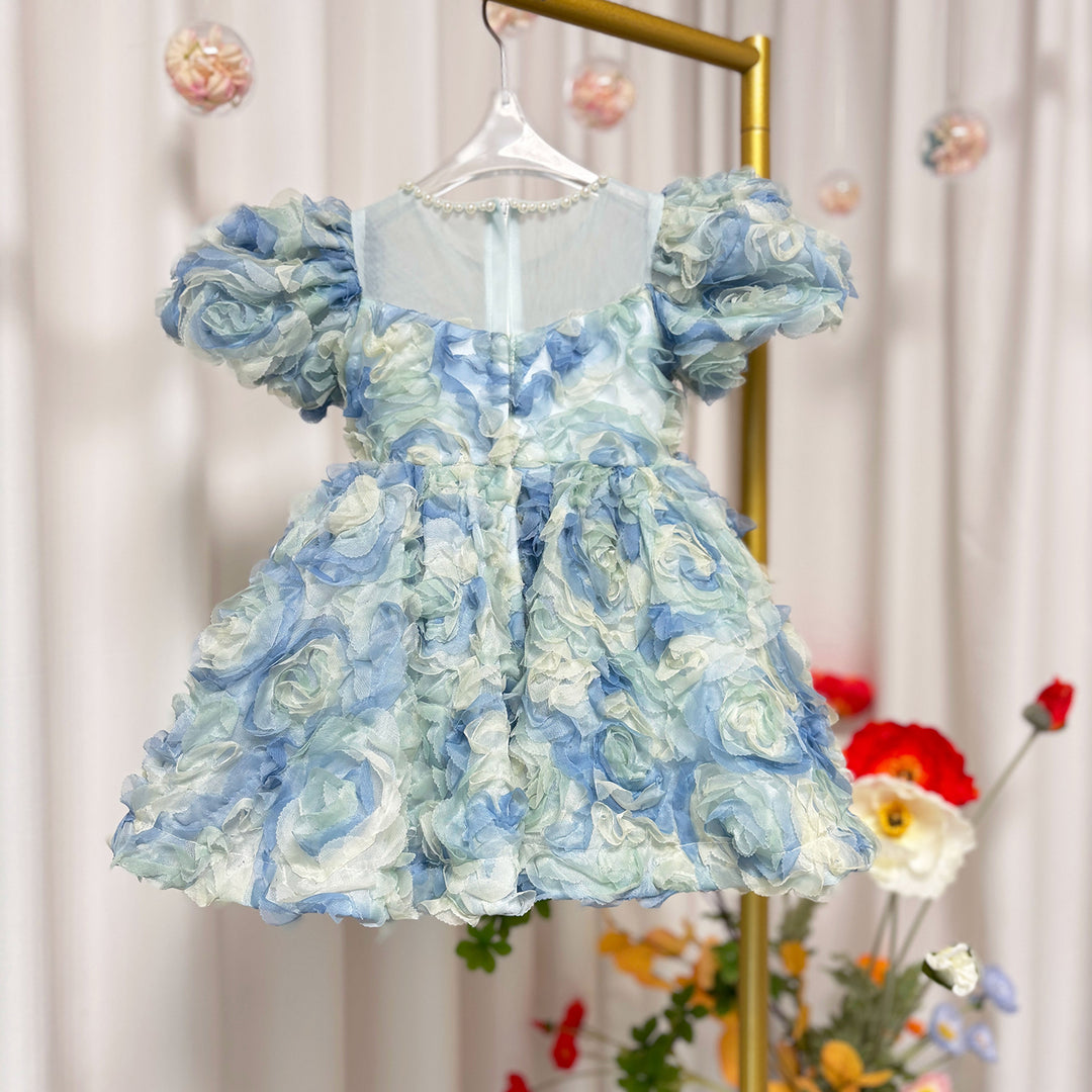 Blue Flower Girl Dress Kid Toddler Birthday Princess Gown J744