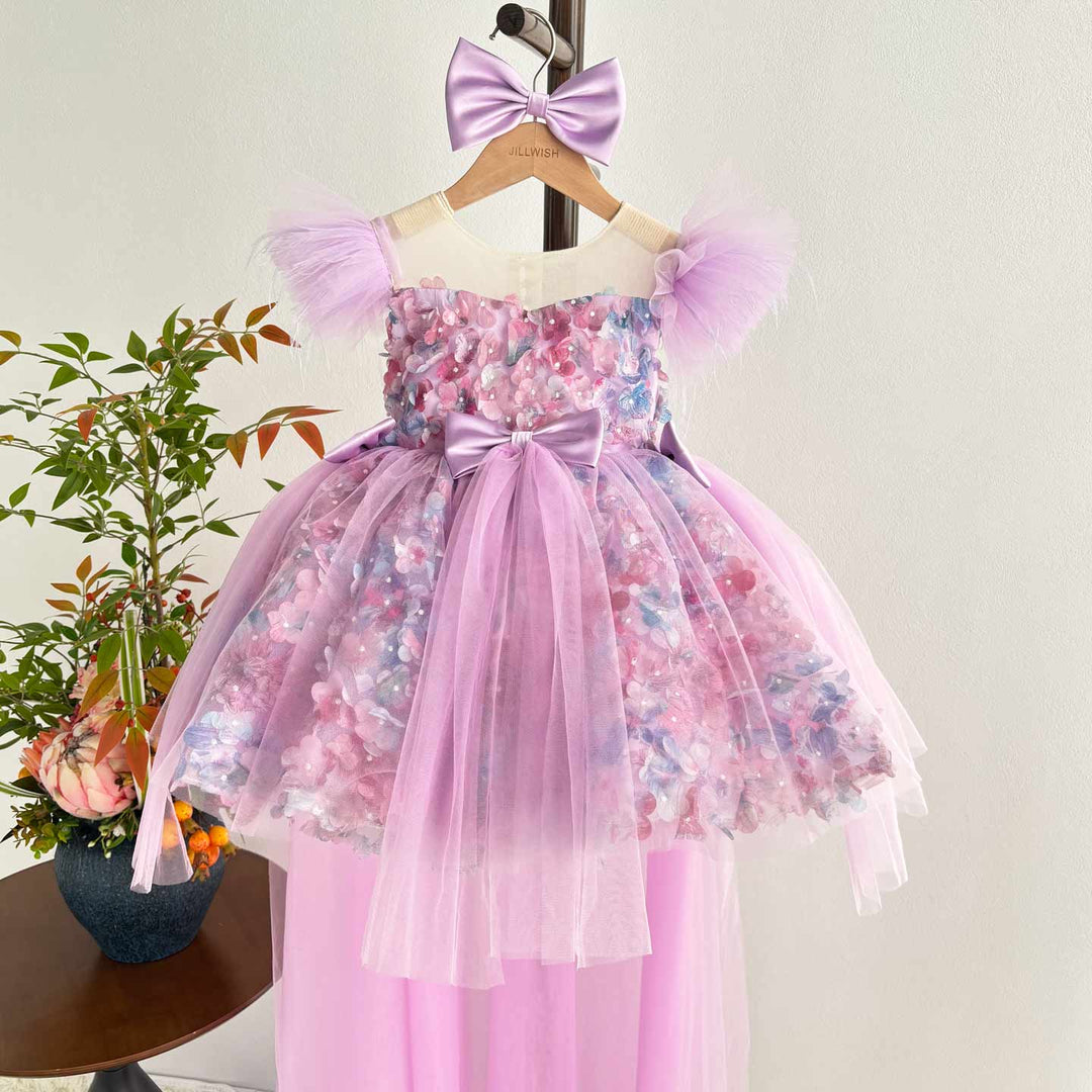 Luxury Purple Flower Girl Dress with Feather Sleeves Girls High Low Floral Tulle Pageant Party Gown D282