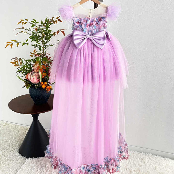 Luxury Purple Flower Girl Dress with Feather Sleeves Girls High Low Floral Tulle Pageant Party Gown D282