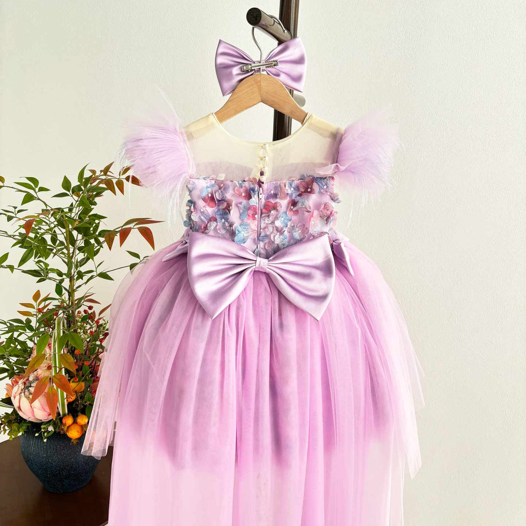 Luxury Purple Flower Girl Dress with Feather Sleeves Girls High Low Floral Tulle Pageant Party Gown D282