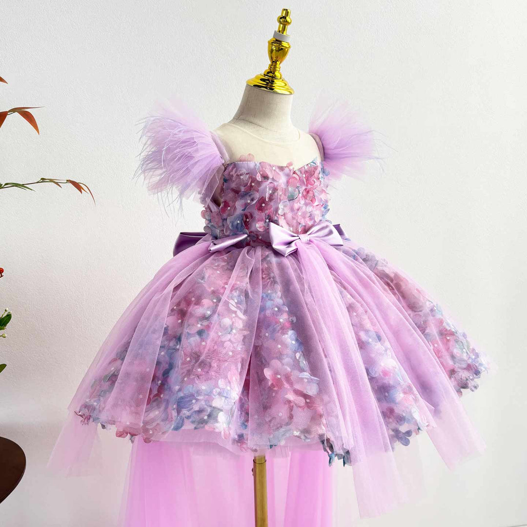 Luxury Purple Flower Girl Dress with Feather Sleeves Girls High Low Floral Tulle Pageant Party Gown D282