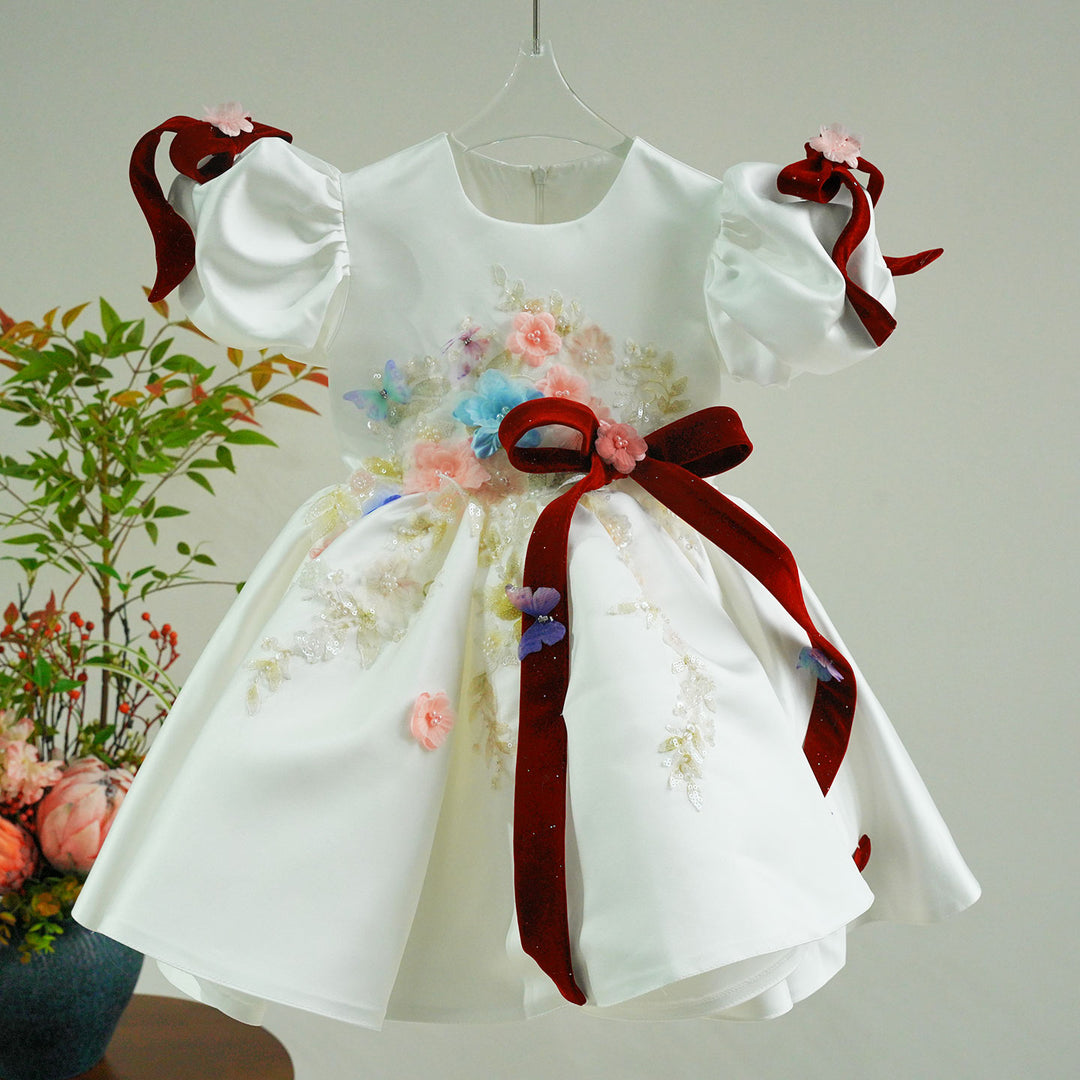 Elegant White Satin Flower Girl Dress with 3D Flowers Princess Party Dress J875