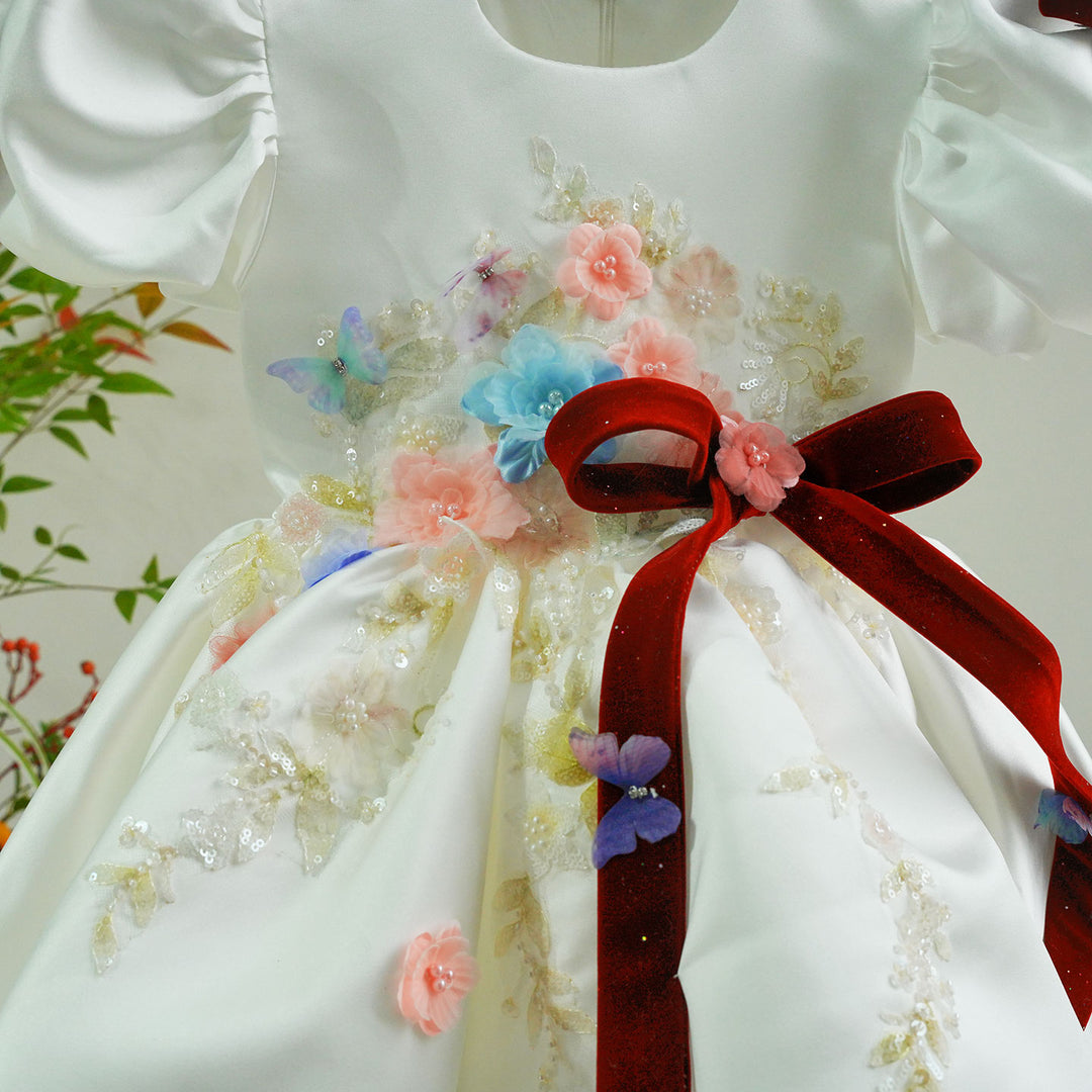 Elegant White Satin Flower Girl Dress with 3D Flowers Princess Party Dress J875