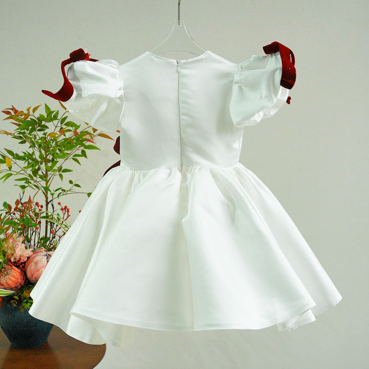 Elegant White Satin Flower Girl Dress with 3D Flowers Princess Party Dress J875