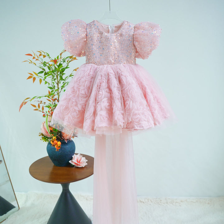 Princess Style Pink Flower Girl Gown for Birthday and Wedding D160