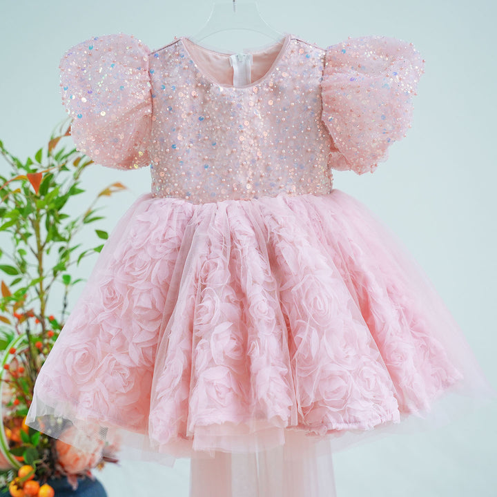 Princess Style Pink Flower Girl Gown for Birthday and Wedding D160