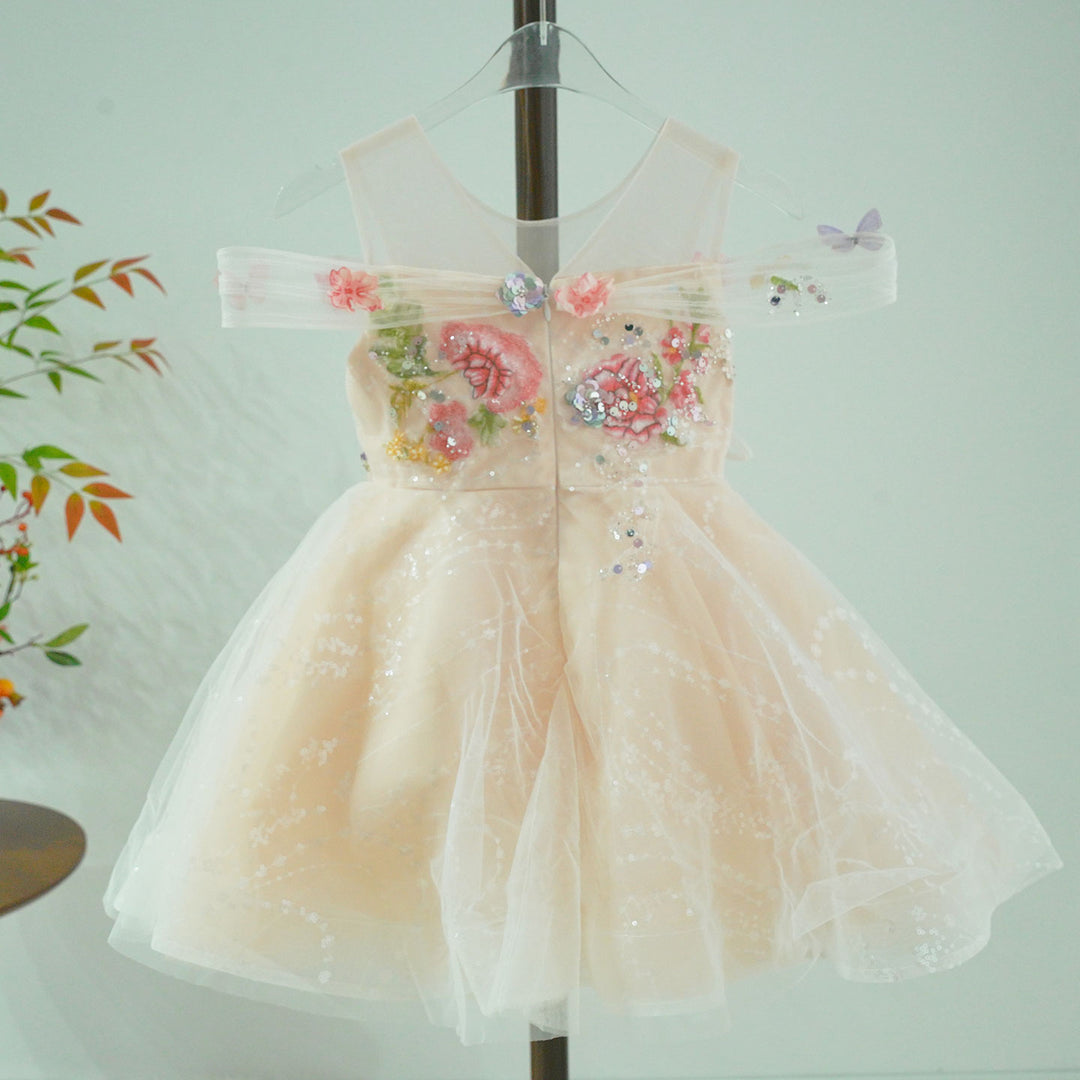 Luxury Champagne Flower Girl Dress with Butterfly Applique Toddler Girls Princess Tulle Party Gown D280