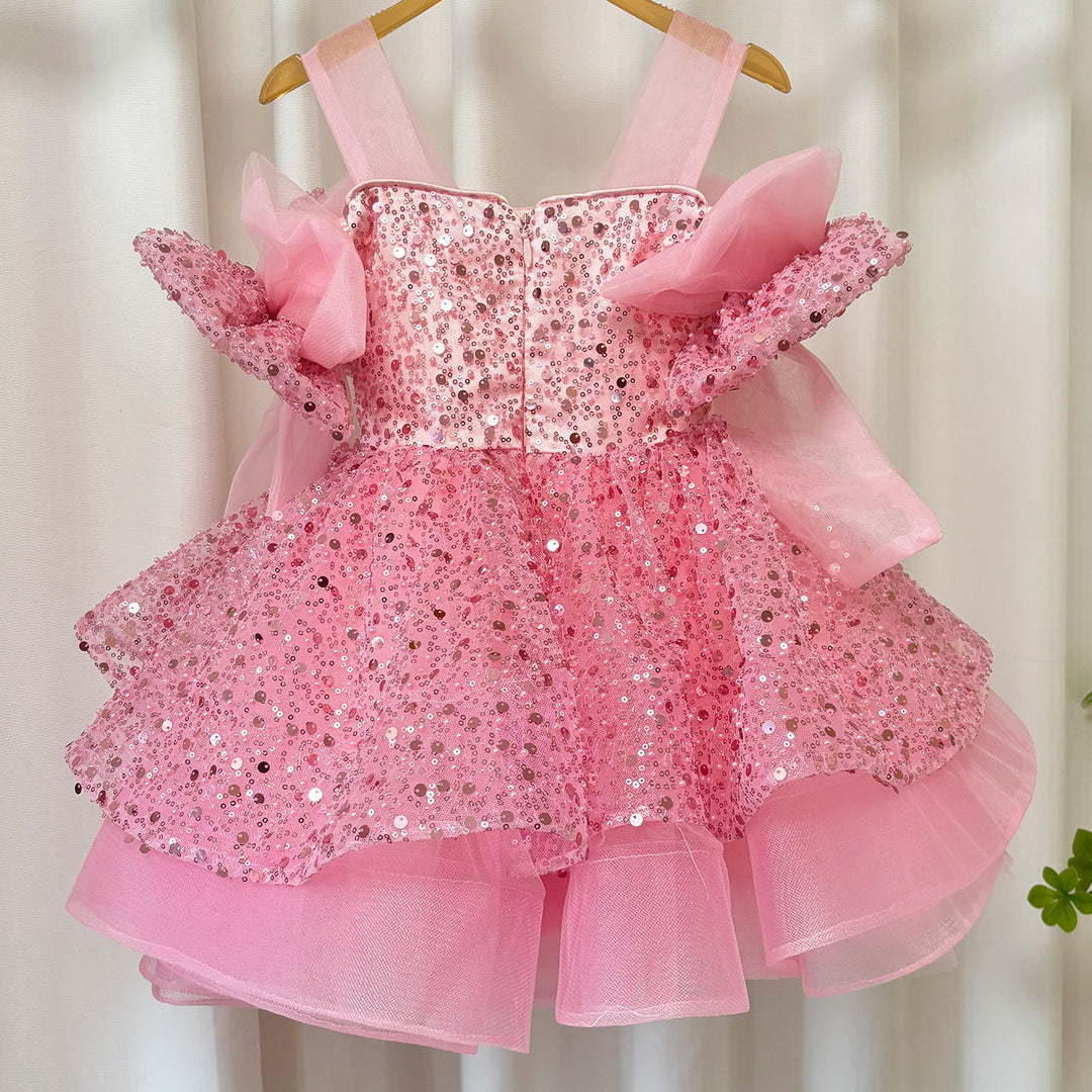 Sparkly White Girl Dress Big Bow Champagne Pink Princess Kids J343