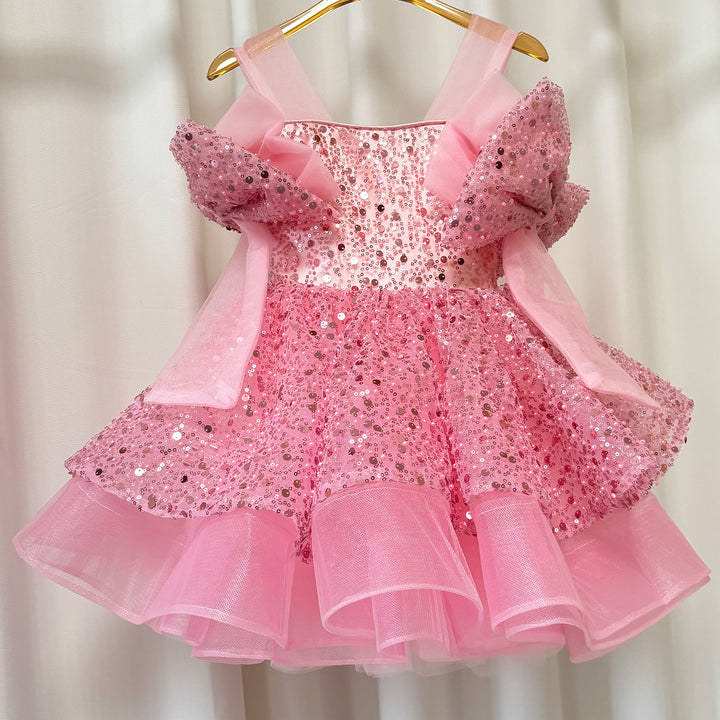 Sparkly White Girl Dress Big Bow Champagne Pink Princess Kids J343