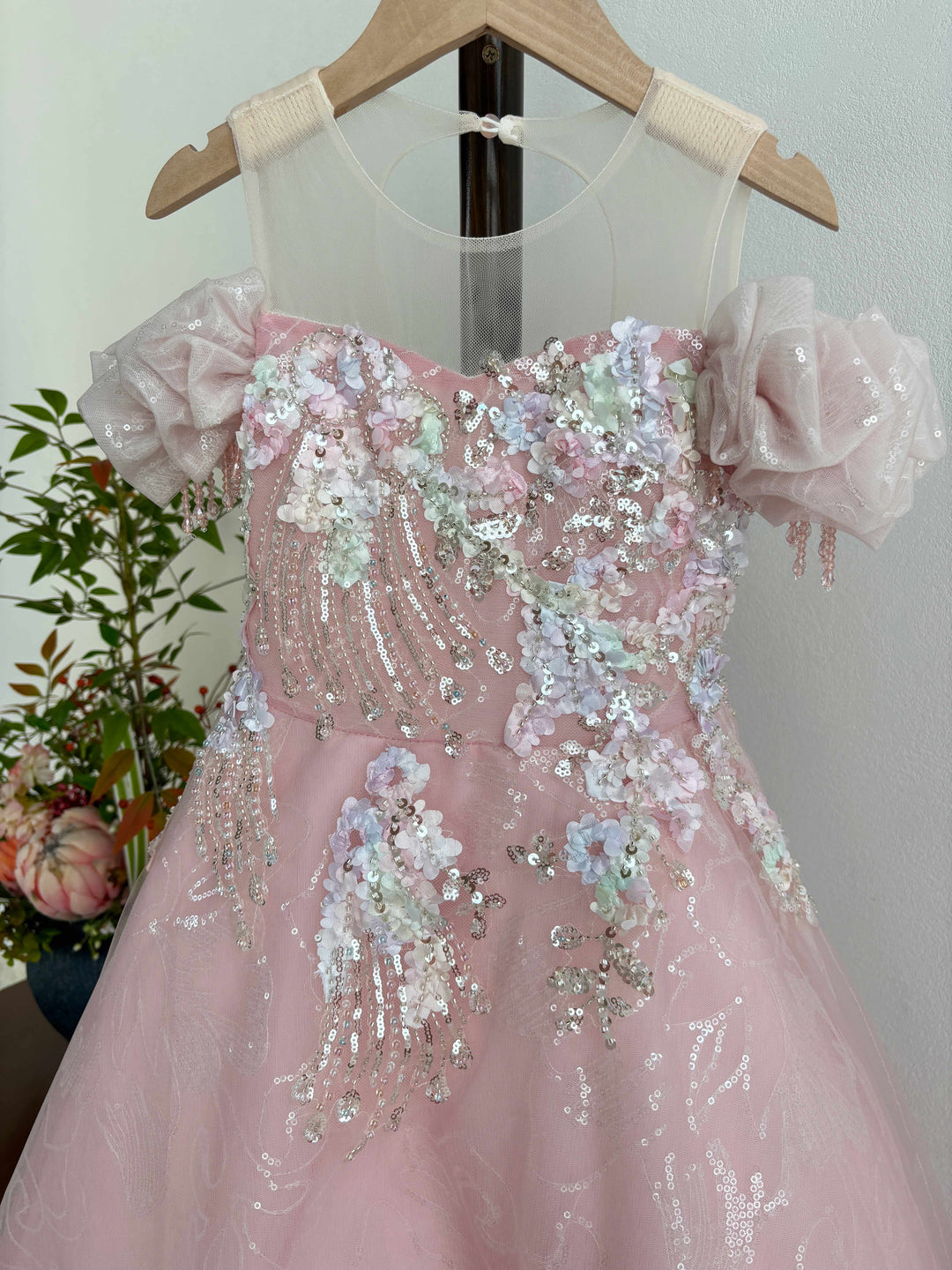 Sparkly Pink Princess Flower Girl Dress with Glitter Tulle Skirt  J608