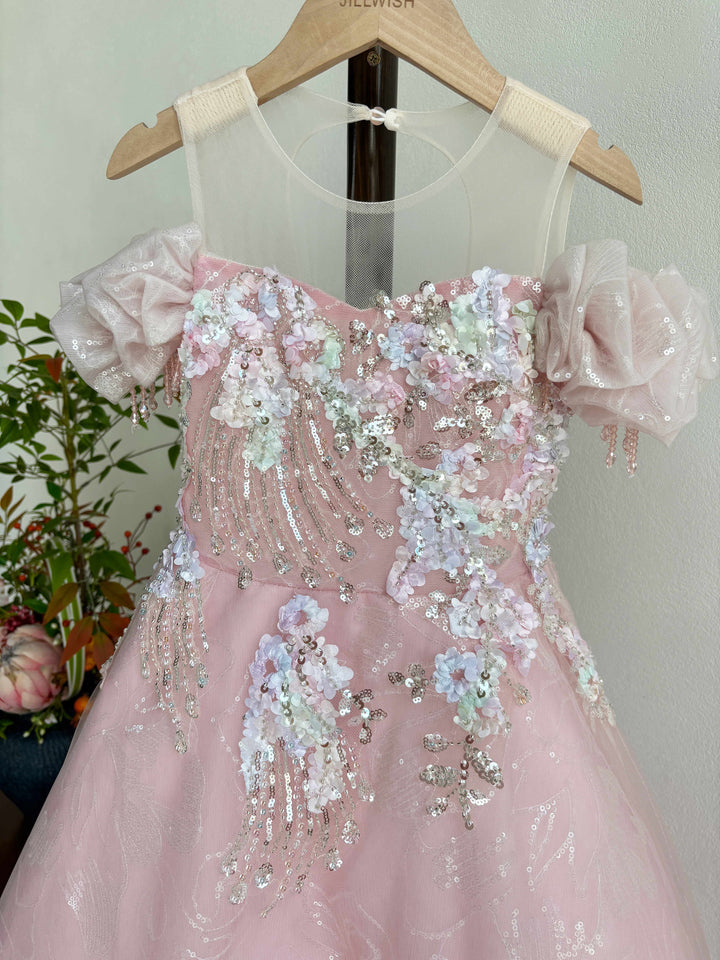 Sparkly Pink Princess Flower Girl Dress with Glitter Tulle Skirt  J608