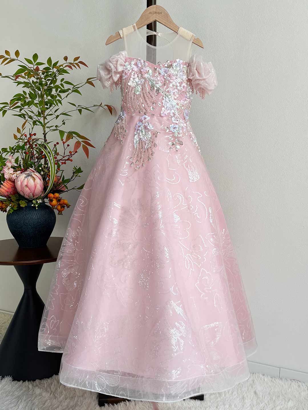 Sparkly Pink Princess Flower Girl Dress with Glitter Tulle Skirt  J608