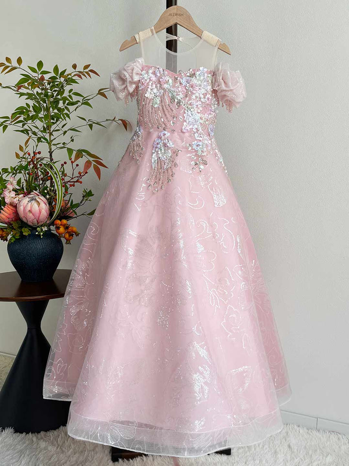 Sparkly Pink Princess Flower Girl Dress with Glitter Tulle Skirt  J608
