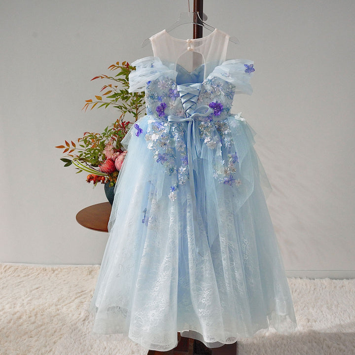 Elegant Blue Princess Flower Girl Dress with Lace 3D Flowers J236