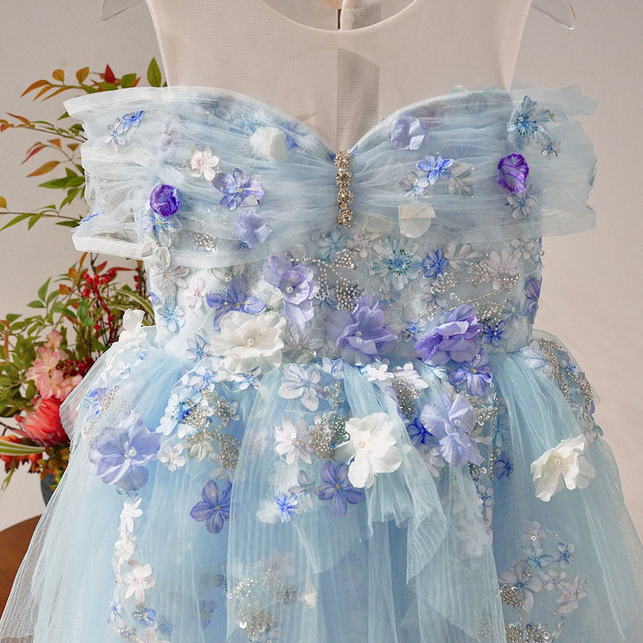 Elegant Blue Princess Flower Girl Dress with Lace 3D Flowers J236
