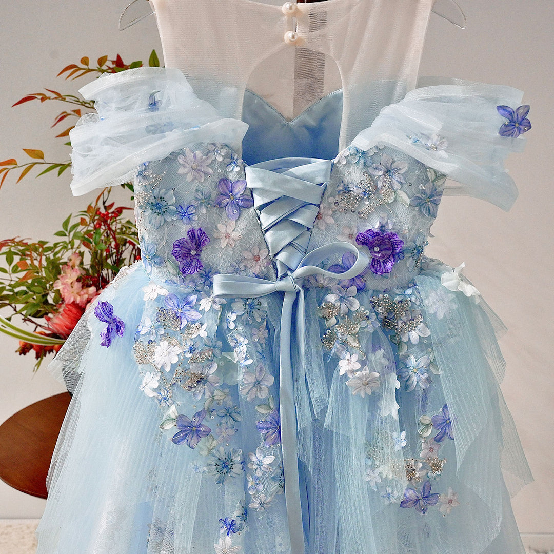 Elegant Blue Princess Flower Girl Dress with Lace 3D Flowers J236