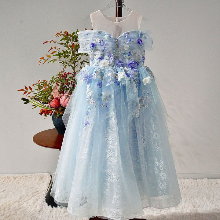 Elegant Blue Princess Flower Girl Dress with Lace 3D Flowers J236