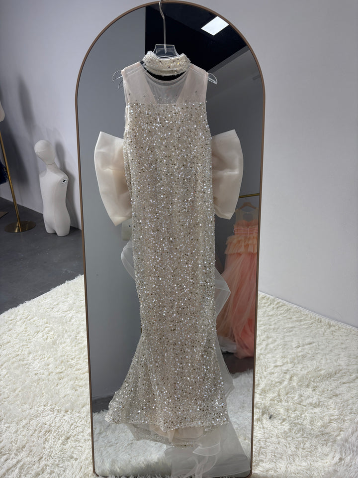 Luxury Champagne Sparkly Flower Girl Dress with Tulle Train D342